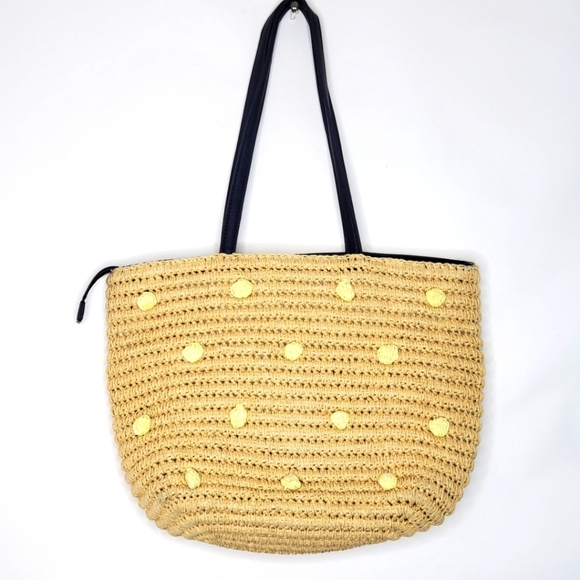 Talbots Paper Straw Bag with Leather Straps and Pom Poms Top Zip Beach Coastal - Picture 1 of 16